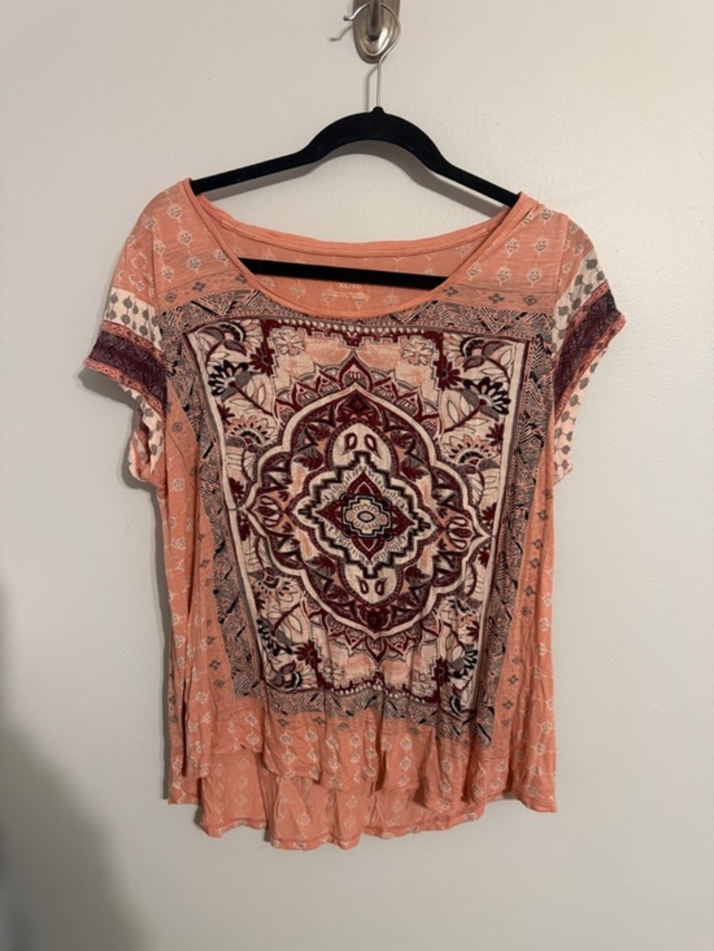 Lucky Brand Boho Mandala Print Burnout Tee - XL - Terracotta Peach & Plum